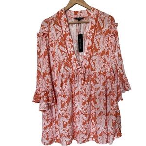 RACHEL Zoe Orange Floral Babydoll Tunic Top Size Large NEW